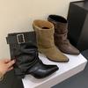 Retro Brown Thick Heel Belt Buckle Short Boots Western Boots Women's Early Autumn New Stacking Boots Knight Boots French Women's Boots