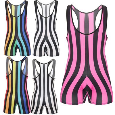 Erkek Çizgili Güreş Atleti Boxer Bodysuit Ağırlık Kaldırma Esnek Leotard Shapewear
