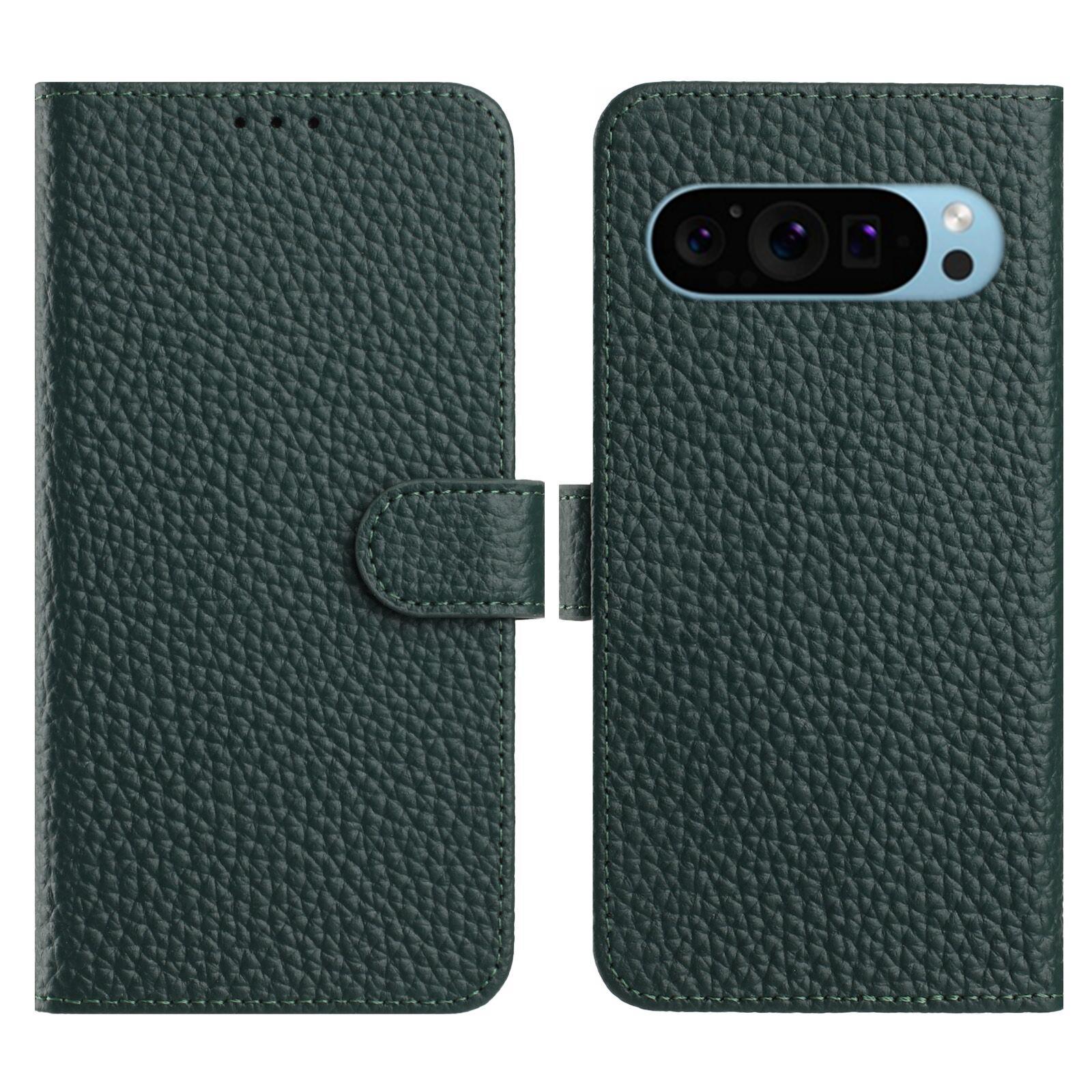 

Flip Phone Case For Google Pixel 10 Pro/10/9 Pro/9 Wallet Stand Litchi Texture Genuine Cow Leather Cover Green