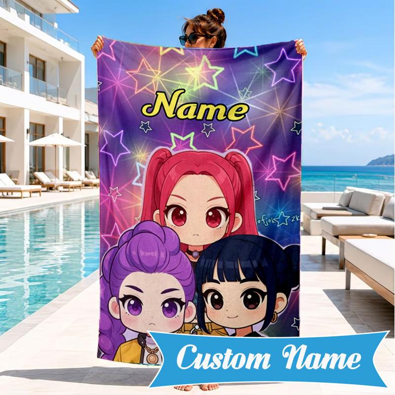 Custom Name KPop Cartoon Beach Towel Microfiber Beach Towel, Lightweight and Quick-Dry, for Summer Travel, Swimming Pool Gift