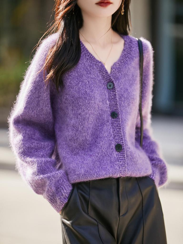 Women's Wool Blend Heathered Cardigan - Retro, Loose Fit, Versatile Outerwear for Autumn/Winter