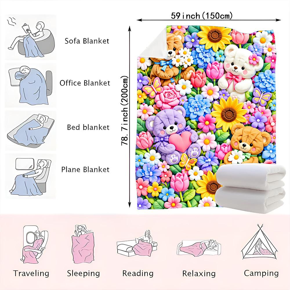 1PC Colorful Bear and Floral Print Blanket-Made of soft, fluffy flannel, perfect for a sofa or bed. Ideal for comfortable home d