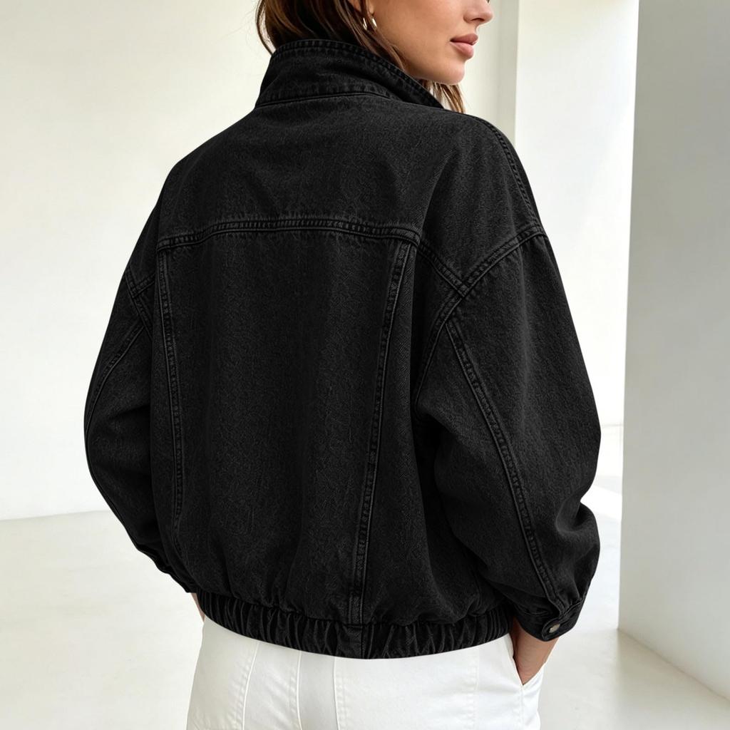 Jachetă de damă casual din denim cu mânecă lungă, cu fermoar, guler și buzunare