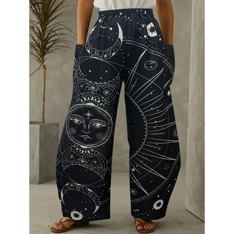 Women's Fashion Wide-legged Pants Elegant 3d Sun, Moon And Star Printed Pants Women's Street Vintage Pants With Pockets