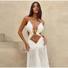 Sexy Hollow Out Long Dresses for Women Pleated V Neck Halter Sleeveless Backless Female Dress Fashion Solid Color A-Line Lady Dresses