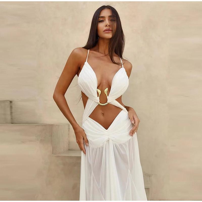 Sexy Hollow Out Long Dresses for Women Pleated V Neck Halter Sleeveless Backless Female Dress Fashion Solid Color A-Line Lady Dresses