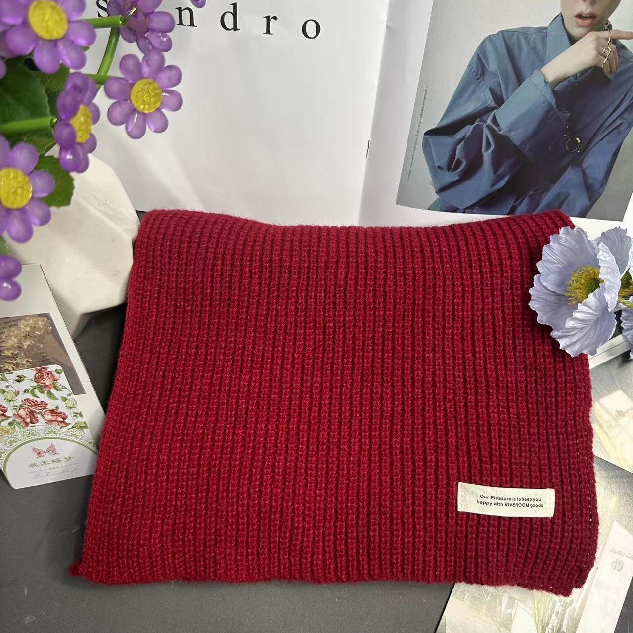 

Минималистичный маркированный универсальный осенне-зимний шарф для пары, теплый вязаный студенческий однотонный утеплитель для шеи бордовый