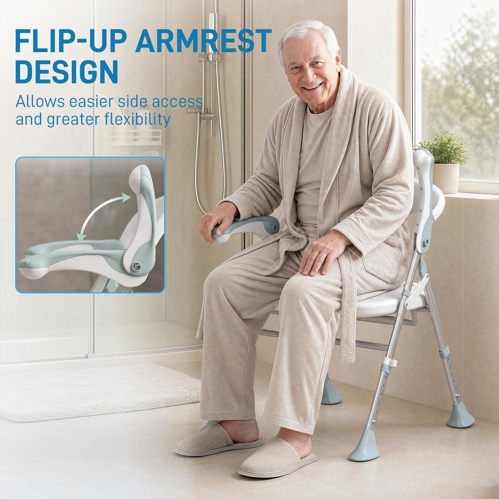 Foldable Shower Chair with Flip-Up Armrests, Shower Stool with Adjustable Height, Tool-Free Assembly, 136 Kg
