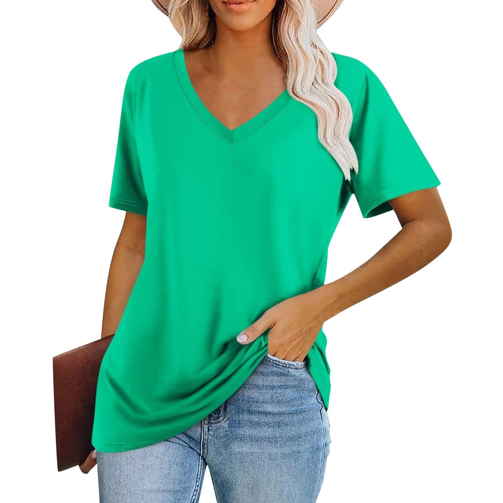 

Women s Fashion V-Neck Classic Loose Color Casual Short Sleeve T-Shirt XL зелёный