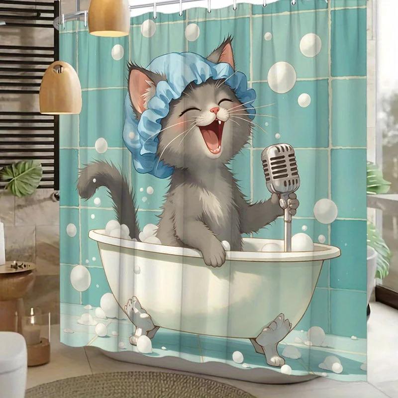 1pc Anthropomorphic Cat Shower Curtain - Singing in Bathtub, Retro Microphone Design, Polyester, Fashionable Bathroom Decor