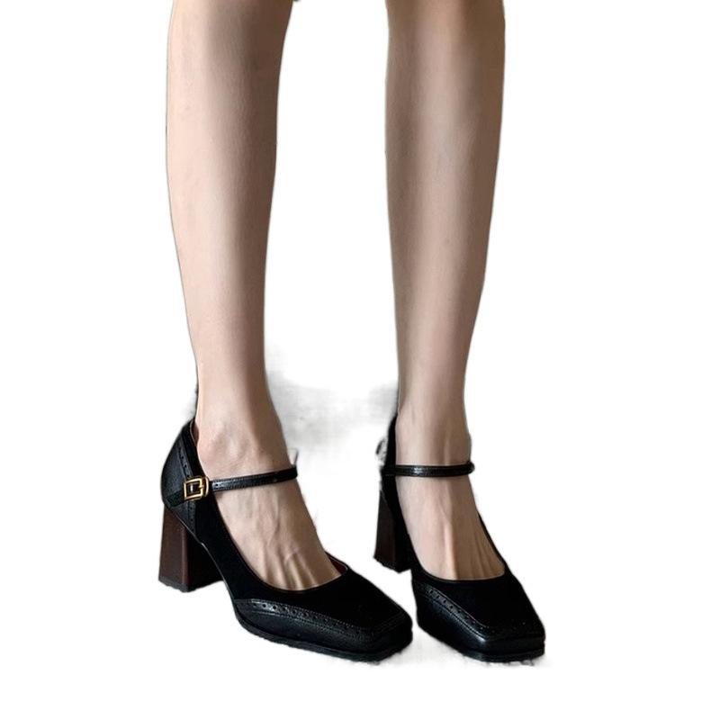 Fashion 2025 New  Fashion Women's Square Toe Pumps Chunky High Heels Beltt Buckle Heels for Women Vintage Splicing Retro Mary Jane Shoes