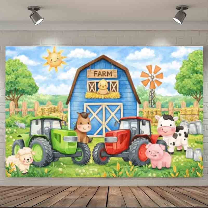 Cartoon Farm Animals Tractor Photography Backdrop Barn Windmill Kids Farm Themed Birthday Party Photo Banner