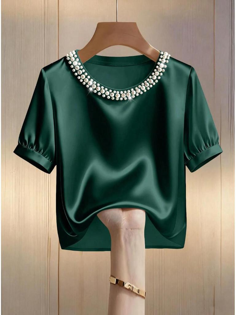 Women's Stylish Pearl Collar Satin T-Shirt: Short-Sleeve, Round Neck, Summer Fashion.