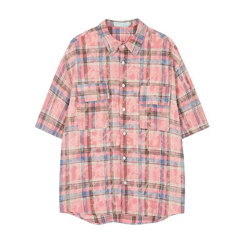 Checkered Retro Shirt Men'S Summer Outfit Hong Kong Style Student Loose And Niche Design Fun New Men'S Top For Outdoor Wear