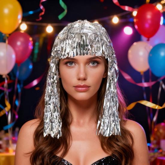 Bunte Lametta-Perücken aus Folie Metallic Ausgefallene Partyperücke Glänzend Cosplay-Kostüm Fotoautomaten-Requisite für Erwachsene