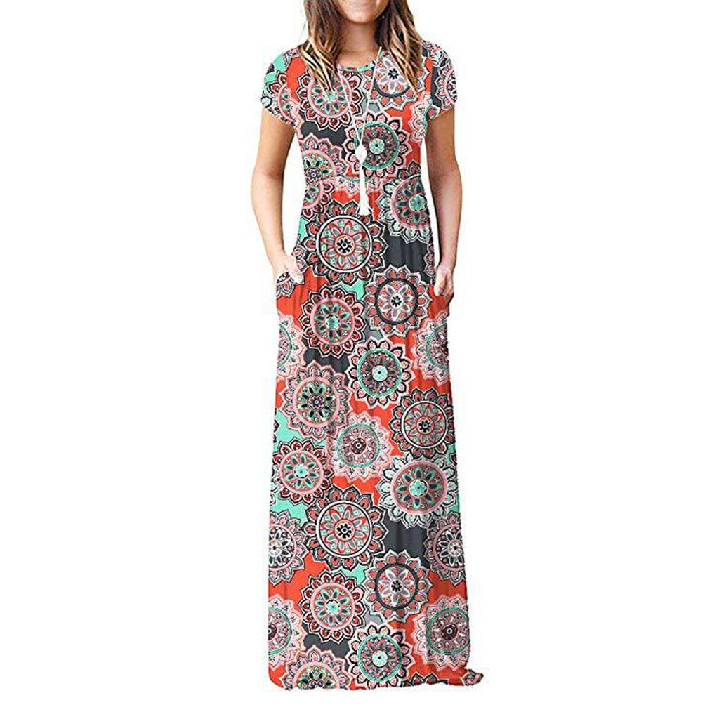 Women Fashion  Gradient Print Short Sleeve Spaghetti Maxi Dress