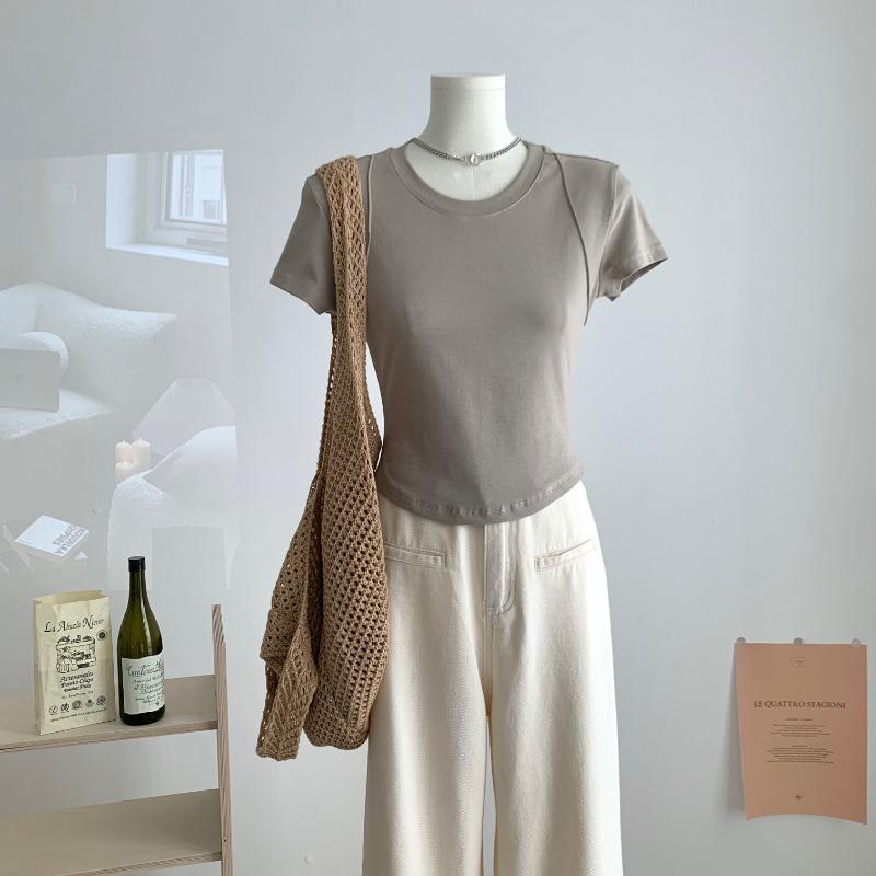 

Модная облегающая укороченная футболка с круглым вырезом, женская футболка с коротким рукавом, женская летняя элегантная повседневная футболка для офиса, простая футболка 24239 M хаки