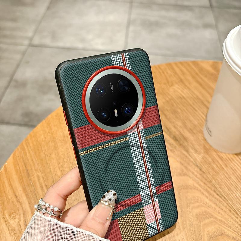 For Huawei Mate 70 60 Pro Case Red Green Stripe Pattern Leather Magsafe Individual Metal Keys Matte Anti-Slip Grip Soft Cover
