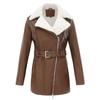Womens Faux Leather Long Sleeve Jacket With Belted Waist Warm Lined Winter Coat