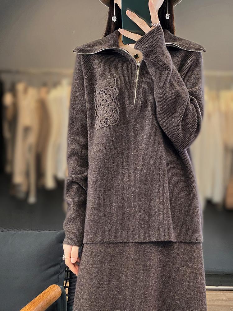 Women's Loose Cashmere Half-Patchwork Zipper Sweater - Autumn/Winter 23 Style