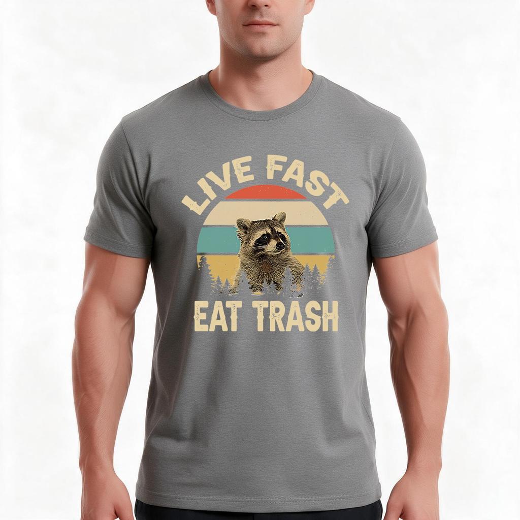 Live Fast Eat Trash Funny Raccoon Tshirt Summer Casual Cotton Tee Oversized Streetwear Tops Vintage Graphic Print