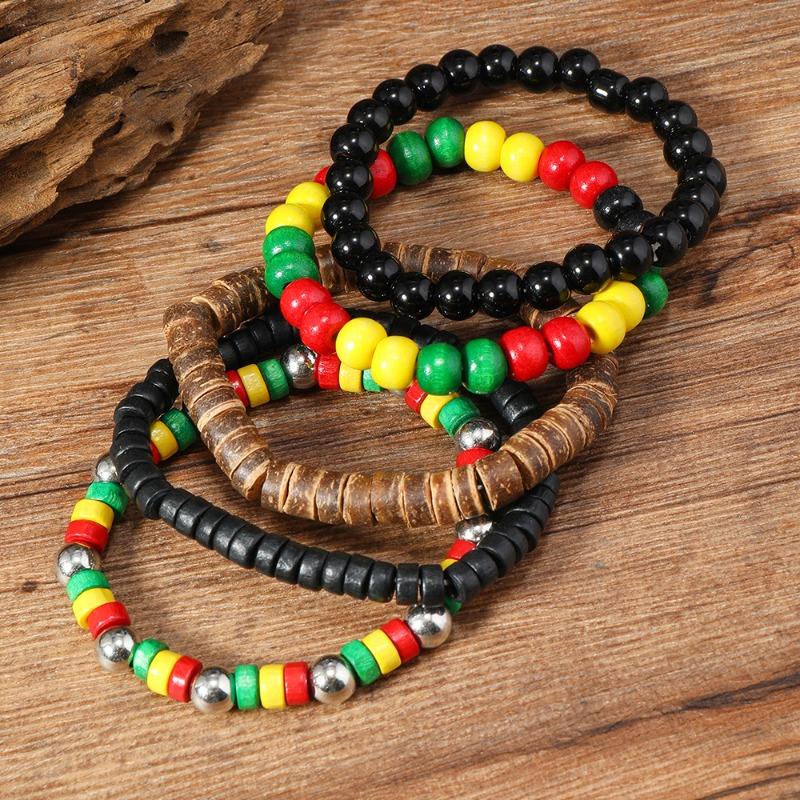 New Wood Bead Beaded Elastic Thread Leather Handwoven Men's Bracelet Bracelet Bracelet