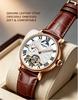 KINYUED Men Rose Gold Watch Moon Phase Open Heart Skeleton White Dial Roman Numerals Brown Crocodile Leather Strap 3ATM Waterpro