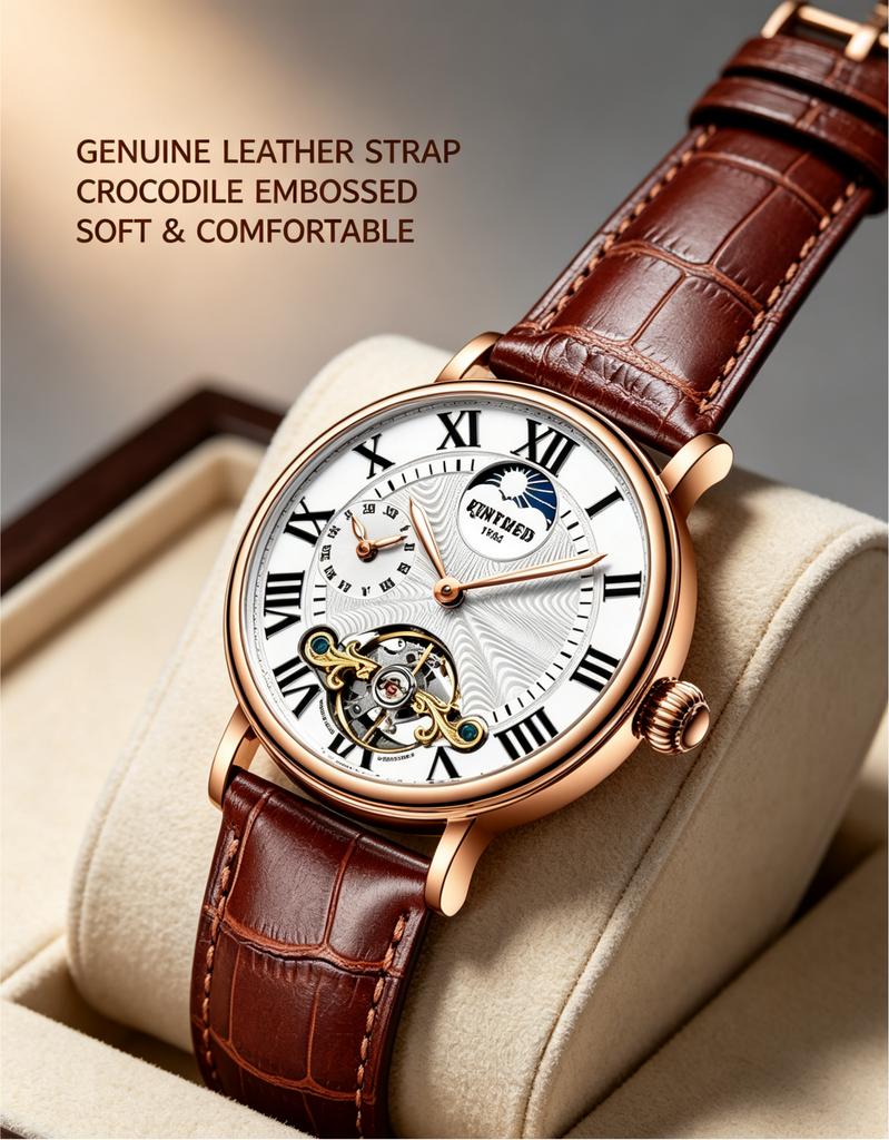 KINYUED Men Rose Gold Watch Moon Phase Open Heart Skeleton White Dial Roman Numerals Brown Crocodile Leather Strap 3ATM Waterpro
