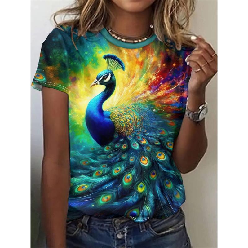 Summer Round Neck 3D Peacock Bird Duck Pattern Printed Top Fashionable Casual Cute Short Sleeved Women's T-shirts