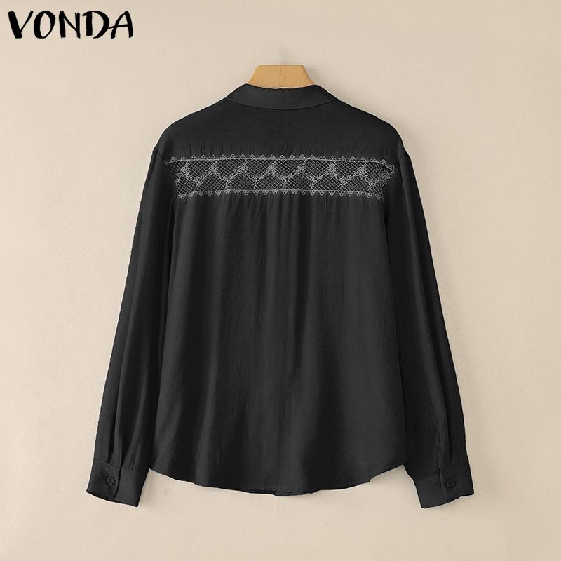 VONDA Women Casual Lapel Neck Back Lace Loose Long Sleeve Shirts Blouse