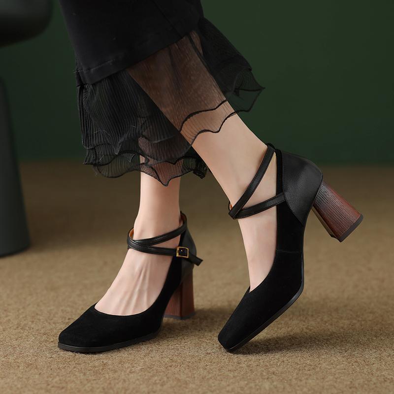2025 new thick heel Mary Jane women's shoes French new celebrity style high heels cross strap light mouth single shoes