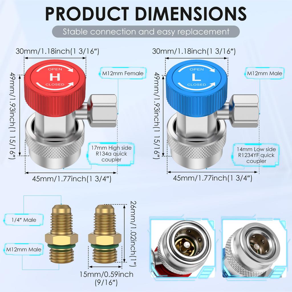 R134a Quick Coupler Adapter Kit 1/4 Inch Male Flare High Low Pressure 6 Ball Connector for Automotive HVAC Refrigerant Charging