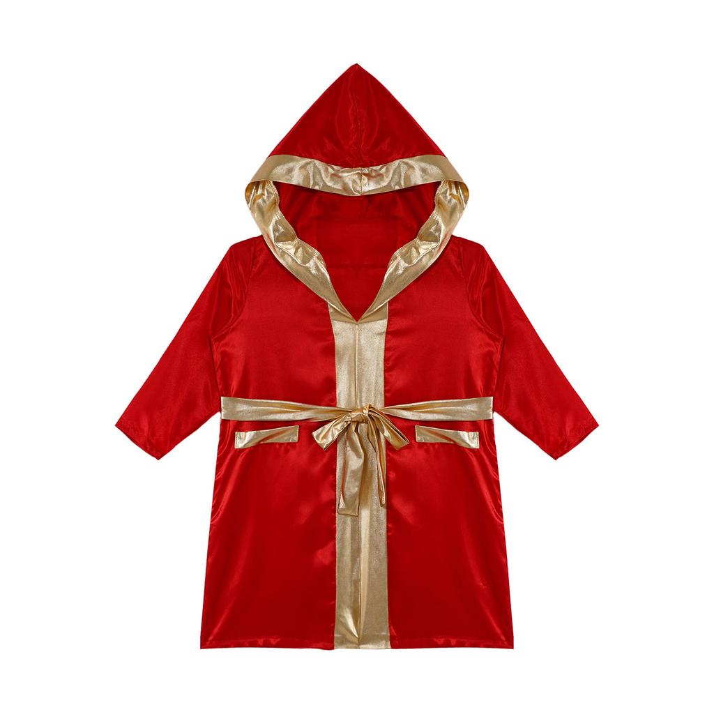 Kids Boys Boxing Robe Boxer Cosplay Costume Long Sleeve Metallic Trim Satin Hooded Cloak Kickboxing Gown for Halloween Party
