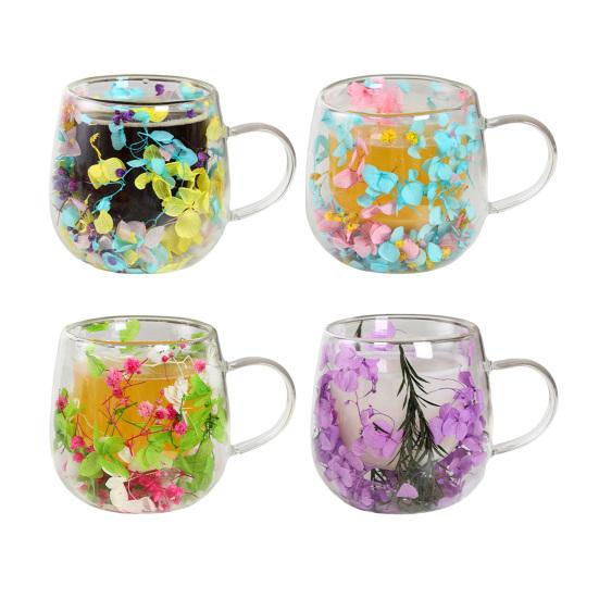 Double-Wall Glass Mug with Dried Flower Design 250ml Heat-Resistant Borosilicate Glass Cup for Milk Coffee Breakfast Insulated Glassware for Home