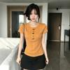 Korean Simple Style Button-up Round Neck Short-sleeved T-shirt Women's Summer New Slim and Thin High-end Versatile Top Ins