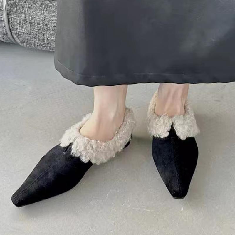 

Меховые женские туфли на плоской подошве из замши с острым носком, сексуальные туфли, новый бренд 2025 года, тренд, зимнее дизайнерское классическое модное платье Mujer Zapatillas 40 чёрный