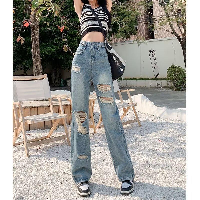 

Ripped wide-leg jeans women s summer thin new high-waisted loose retro design extended floor-mopping straight-leg pants 2XL recommends 140-80kg