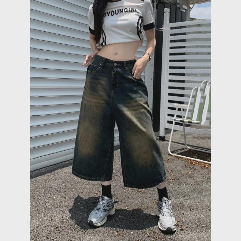 Unisex Retro Distressed Wide-Leg Denim Shorts - Washed, Loose, and Versatile Cropped Pants
