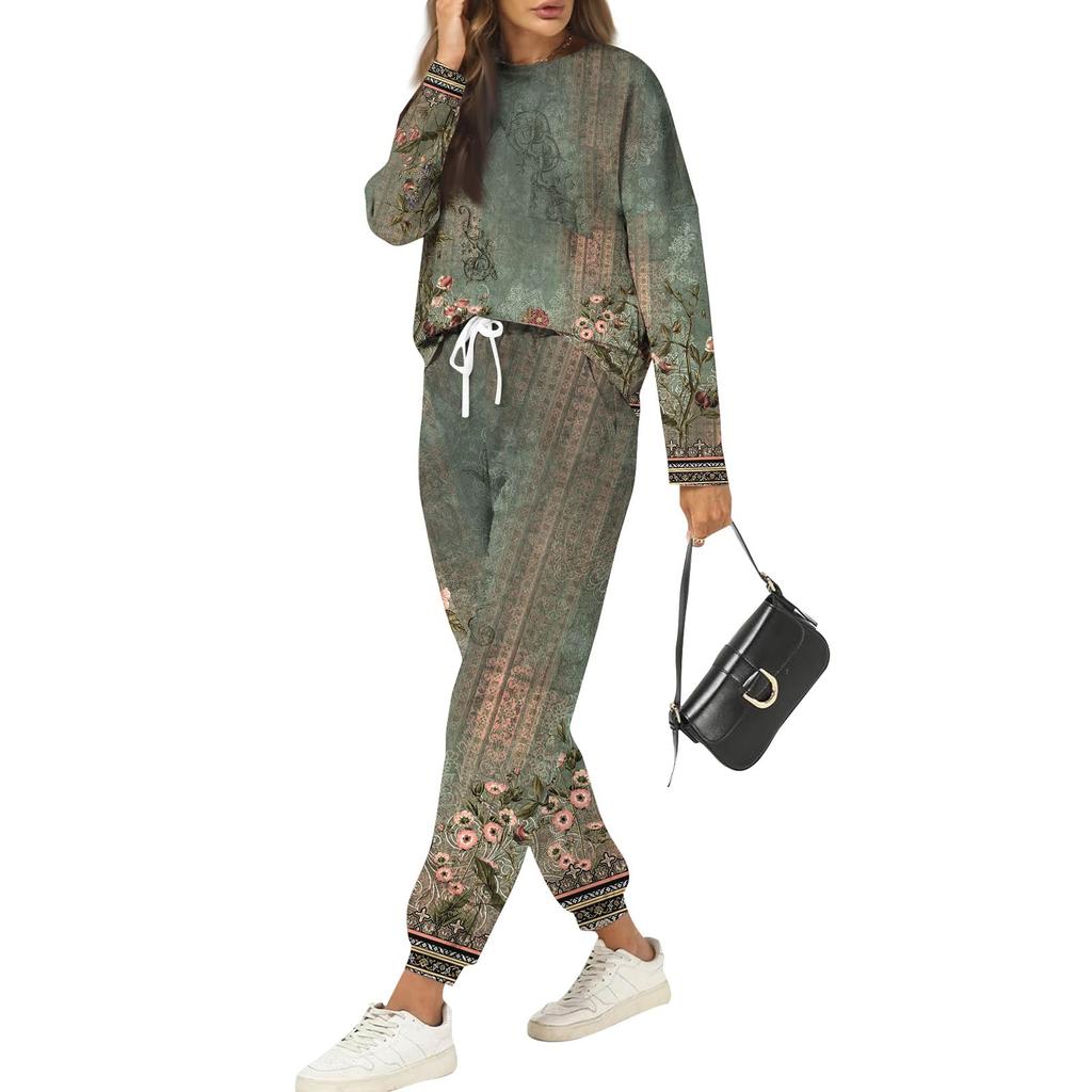 Sets For Women 2 Piece Round Neck Long Sleeve Shirts Printed Sweatpants Pocket Sets