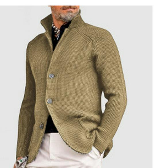 Men's Casual Long Sleeve Solid Color Knitted Cardigan - European & American Fashion