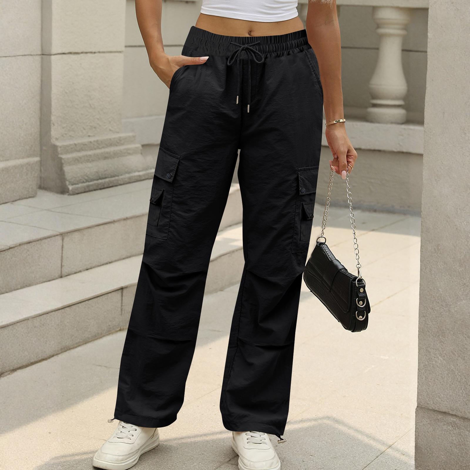 

Women s Fashion Solid Color High Waist Drawstring Loose Multi Pocket Strap Casual Pants M чёрный