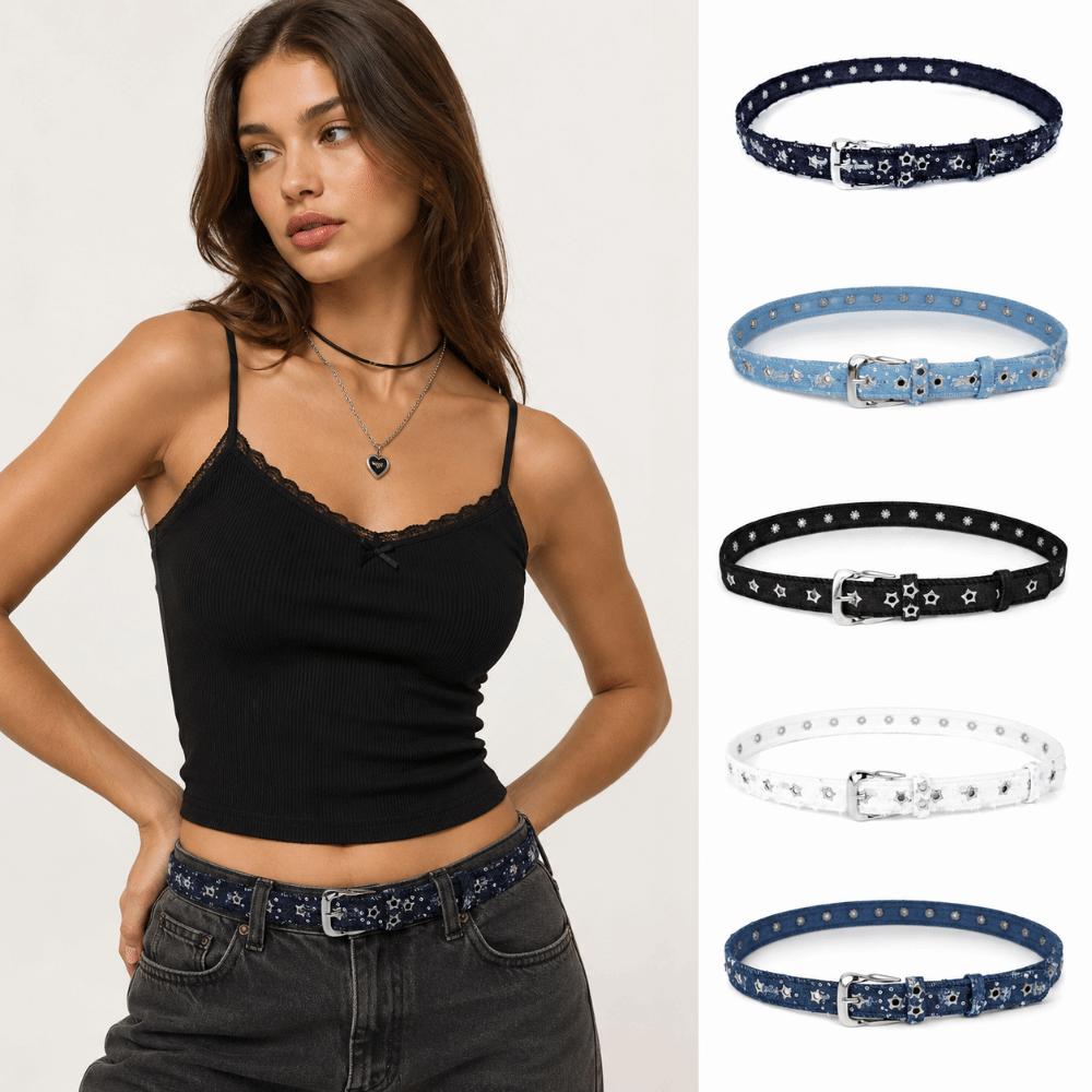 Adjustable Canvas Jeans Belt Pin Buckle Star Cutout Belt Vintage Hollow Eyelet Belt  Daily Outfit