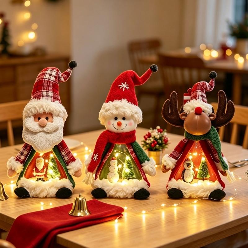 Holiday Display Figurine With Warm LED Glowing, Soft Fabric Christmas Tabletop Decors, Santa Snowman Deer Doll for Shelves, Mantels, and Counters