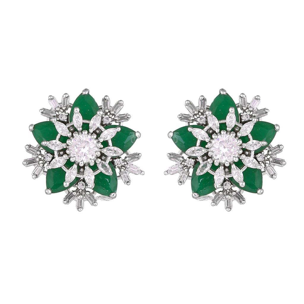 Estele Damen-Designer-Ohrstecker mit rhodiniertem Zirkonia und grünem Stein