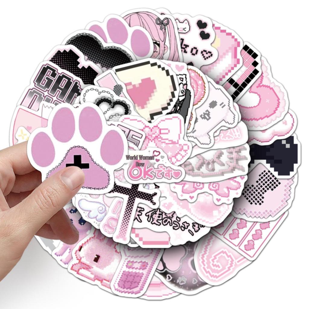 50 Pink Pixel-Style Yandere Stickers: Cute Japanese Cartoon Decor for Notebooks & Computers