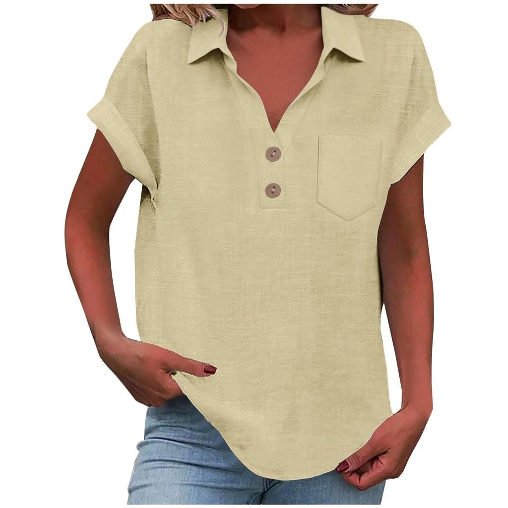 Women's Fashion Casual -Colour Buttoned Pocket Collared Short-Sleeved Shirt T-Shirt Top