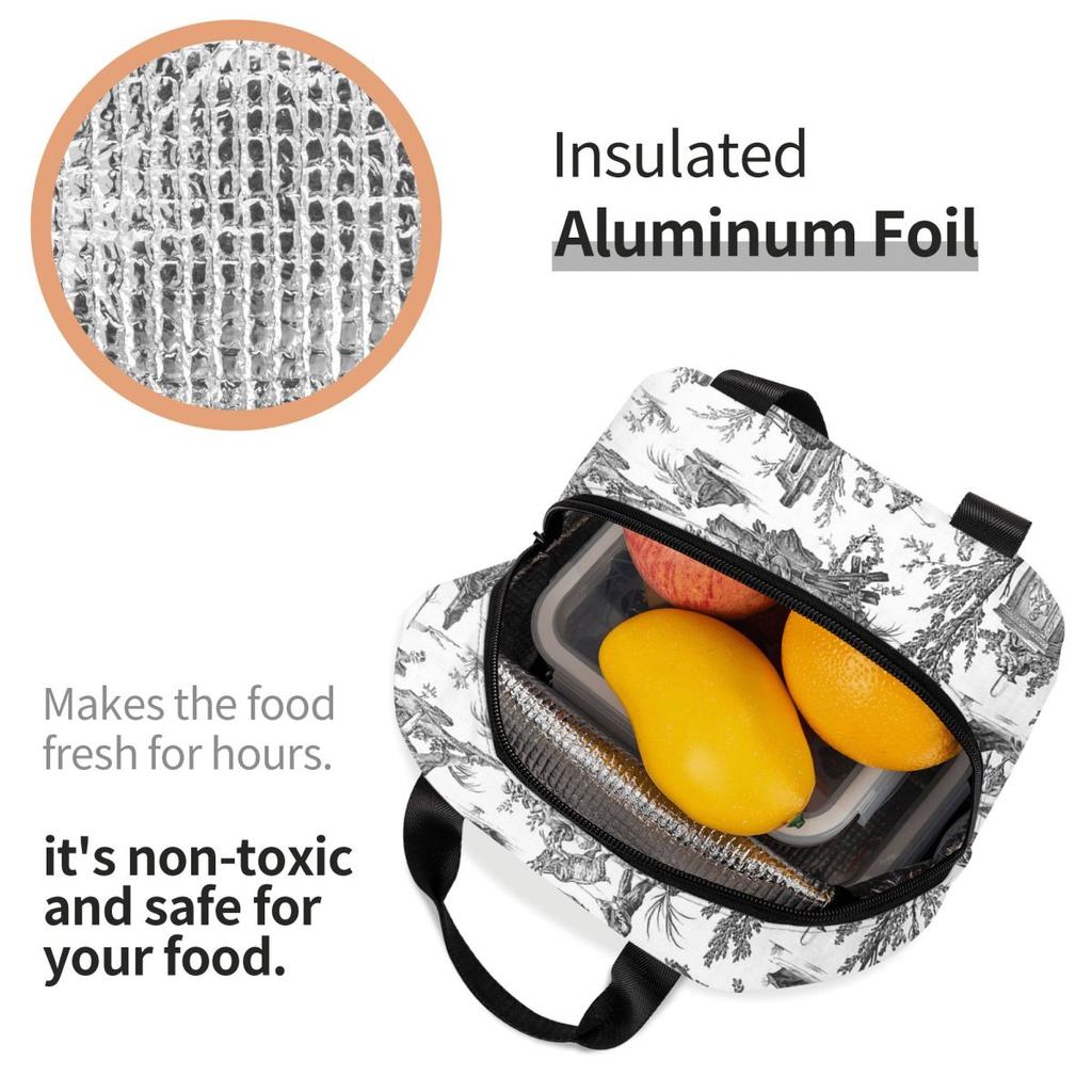Black And White Toile De Jouy Insulated Lunch Bag for Women Children Leakproof Food Boxes Thermal Lunch Box Tote