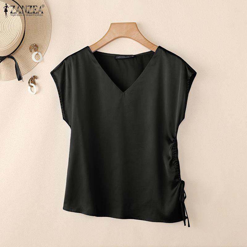 ZANZEA Womens Casual V-Neck Solid Color Drawstring Hem Loose Short Sleeve Blouse