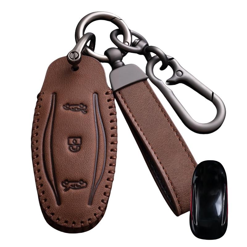 Fit For Tesla Model 3 Model X Model S Model Y Genuine Leather Auto Key Fob Cover Case Bag Protector Remote Band Housing Mount Key Ring Auto
