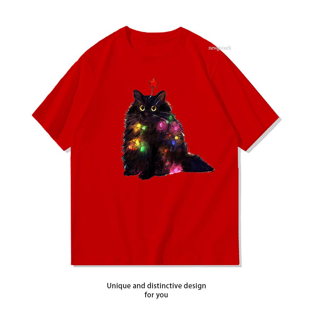 

12 Day of Catmas Day 1 Christmas Lights Black Cat TShirt Woman Man Casual Cotton Graphic T Shirts Classic Oneck Shirt S
